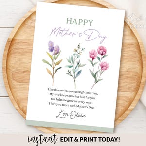Tarjeta imprimible del Día de la Madre para mamá, plantilla editable de tarjeta personalizada del Día de la Madre de hija e hijo, tarjeta de flores para abuela, instantánea