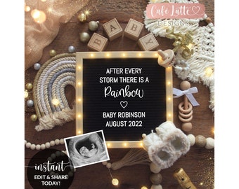 Editable New Years Rainbow Baby Pregnancy Announcement Social Media, Boho Gold Rainbow, Letter Board Digital Template Idea, DIY Instagram
