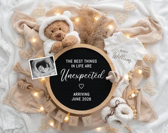 Boho Pregnancy Reveal Digital / Neutral Baby Announcement Digital / Social Media Facebook Instagram / Editable Template Bear Unexpected