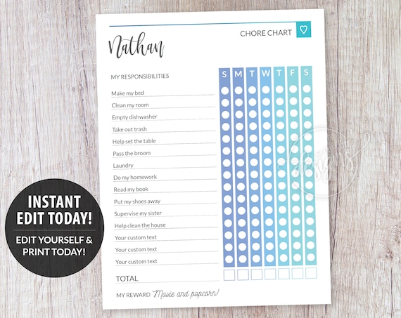 Teens Chore Chart Editable Printable, Responsibility Chart, Custom ...