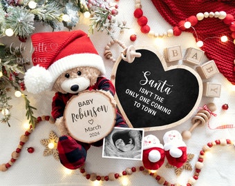 Christmas Digital Baby Announcement Social Media, Christmas Pregnancy Announcement Digital Reveal, Tiny Gift For Christmas, Plaid Teddy Bear