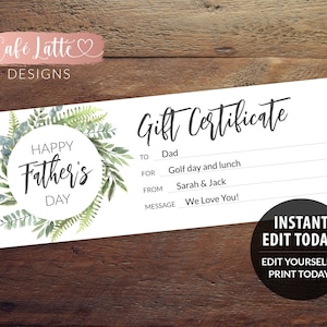 DÍA DEL PADRE Certificado de regalo Plantilla editable imprimible, Lección de golf personalizada Cupón deportivo Papá, Instant DIY Corjl, Regalo de última hora