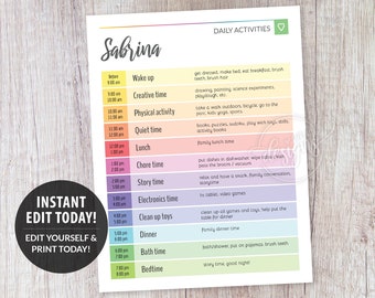 Editable Daily Planner, Chore Chart Multicolor, Kids Responsibility Reward Chart Printable Editable Template, Personalized Instant DIY Corjl