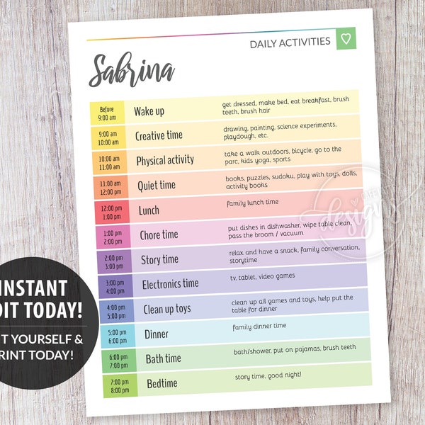 Editable Daily Planner, Chore Chart Multicolor, Kids Responsibility Reward Chart Printable Editable Template, Personalized Instant DIY Corjl