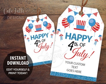 4th of July Gift Tags Printable, Editable Template Fourth of July Gift Tags, Personalized Gift Favor Tags, Custom Labels Instant Download