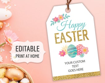 Happy Easter Printable Gift Tags, Editable Personalized Favor Tags Template with Easter Eggs and Gold Glitter, Instant Download Labels DIY