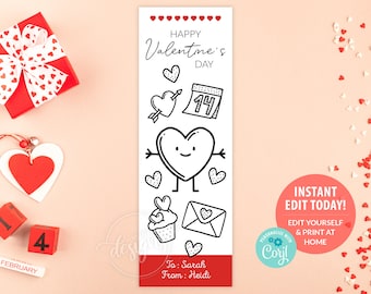 Valentines Day Bookmark Editable Printable Template, Personalized Valentine Kids Drawing Bookmark, Valentine's Book School Gift, Instant DIY