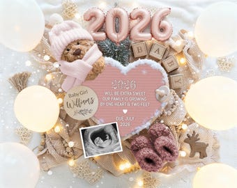May include: A pregnancy announcement with a teddy bear wearing a pink hat and scarf, surrounded by balloons and decorative lights. The announcement includes the year 2026 in pink balloons, a heart-shaped sign with text, and a sonogram image.