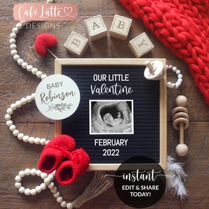 Anuncio de embarazo editable para redes sociales, Little Valentine, Valentines Day Baby, febrero, Letter Board Digital Template, Corjl DIY