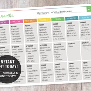 May include: A printable chore chart for a child named Samantha. The chart is divided into days of the week and includes morning, afternoon, and evening activities. The chart is designed to help children learn responsibility and develop good habits. The chart includes activities such as making their bed, getting dressed, eating breakfast, brushing their teeth, packing their lunchbox, unpacking their lunchbox, doing homework, playing, picking up toys, having dinner, helping with dishes, taking a shower, putting clothes in a hamper, reading a bedtime story, and going to bed.