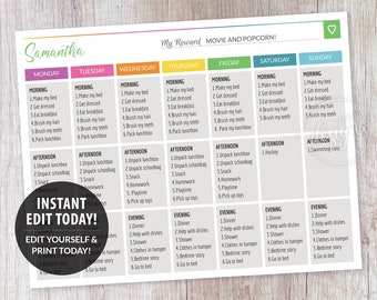 May include: A printable chore chart for a child named Samantha. The chart is divided into days of the week and includes morning, afternoon, and evening activities. The chart is designed to help children learn responsibility and develop good habits. The chart includes activities such as making their bed, getting dressed, eating breakfast, brushing their teeth, packing their lunchbox, unpacking their lunchbox, doing homework, playing, picking up toys, having dinner, helping with dishes, taking a shower, putting clothes in a hamper, reading a bedtime story, and going to bed.