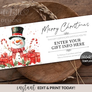 CHRISTMAS Gift Certificate Printable, Surprise Christmas Gift Certificate Editable Template, Personalized Custom Gift Coupon Snowman DIY