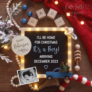 Revelación de género del niño de Navidad, es un anuncio de embarazo de niño en las redes sociales, tablero de cartas digitales en casa para Navidad, plantilla editable DIY