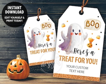 Halloween Gift Tags Editable Template, Halloween Gift Tags Printable, Personalized Ghost Favor Tags, Candy Treat Labels Kids School Teacher