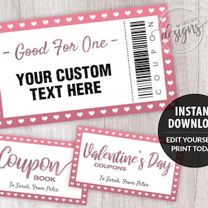 Coupon Template for Her, Editable Coupons Pink, Gift for Mom Kids Teen Custom Personalized, Birthday Coupon Book, Printable Instant Download
