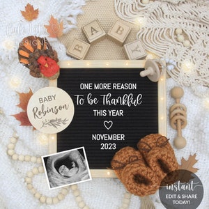 Anuncio digital de embarazo de Acción de Gracias Redes sociales, una razón más para estar agradecido Turquía Plantilla editable Bebé Otoño, Instagram DIY