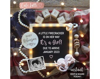 Editable Girl Gender Reveal Fourth of July Pregnancy Announcement Social Media, Little Firecracker Baby Letter Board, Digital Printable DIY