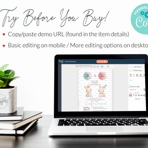 May include: A laptop screen displaying a gender reveal invitation template with a blue and pink bunny design. The text on the invitation reads "He or She? What will our little bunny be?" The invitation is being edited on the Corjl website.