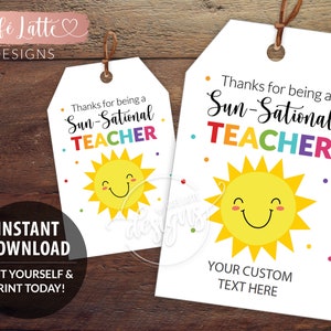 Sun Sational Lehrer Bearbeitbare druckbare Geschenkanhänger, Danke am Ende der Schule Gunst Tags Vorlage Sonne, Sofortiger Download Etiketten Kinder Lehrer