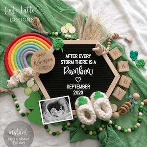 St Patricks Rainbow Baby Anúncio de gravidez digital para mídias sociais, St Patricks Há um modelo editável de placa de carta de arco-íris DIY