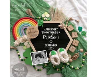St Patricks Rainbow Baby Digital Pregnancy Announcement For Social Media, St Patricks There Is A Rainbow Letter Board Editable Template DIY