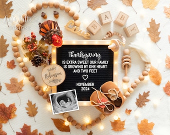 Thanksgiving Pregnancy Announcement Social Media, Autumn Baby Announcement Digital Editable Letter Board Template One Heart Two Feet, Turkey