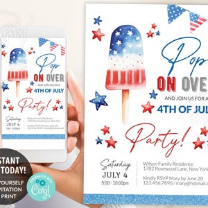 Modello modificabile invito del 4 luglio / Invito stampabile alla festa del 4 luglio / Invito Popsicle USA / Pop On Over E-Invite Digital