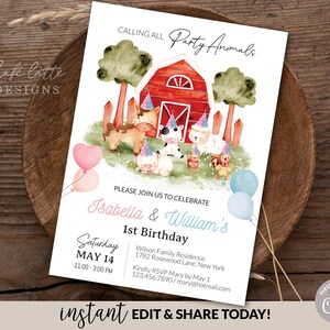 Farm Animals Twins Birthday invitation editable template, Printable girl boy birthday invitation, Personalized custom invite for twin girls boys first 1st birthday, Farm animals invitation card, Digital birthday invitation email text message, Birthday e invite, Birthday party invite, Horse cow sheep pig chicken farm animal invitation DIY, Cheap birthday party invitation, Instant download birthday invitation for twins DIY