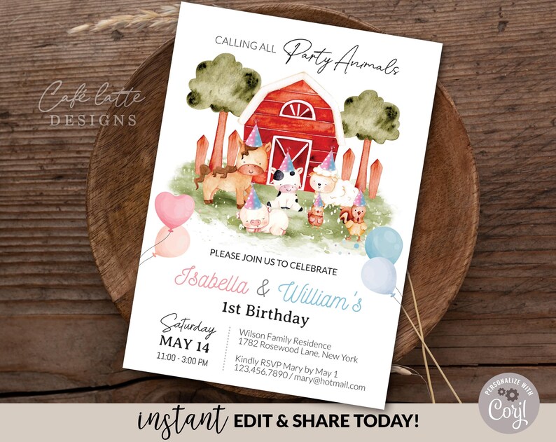 Farm Animals Twins Birthday invitation editable template, Printable girl boy birthday invitation, Personalized custom invite for twin girls boys first 1st birthday, Farm animals invitation card, Digital birthday invitation email text message, Birthday e invite, Birthday party invite, Horse cow sheep pig chicken farm animal invitation DIY, Cheap birthday party invitation, Instant download birthday invitation for twins DIY