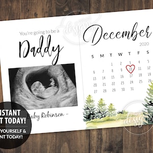 Schwangerschafts-Ankündigung Druckbare Fälligkeitskalenderkarte, Baby-Ankündigung an Ehemann, Winter Weihnachten Digital Bearbeitbare Corjl, Vatertag