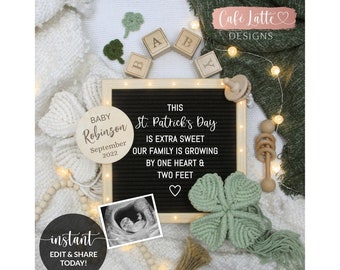 Editable St Patricks Day Pregnancy Announcement for Social Media, Growing By One Heart And Two Feet Letter Board Digital Template, Corjl DIY