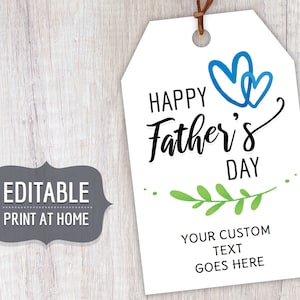 HAPPY FATHER&#39;S Day Printable Gift Tags, Editable Personalized Gift Favor Tags Template with Blue Hearts, Custom Food Labels Instant Download