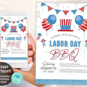 Labor Day BBQ invitation editable template, Printable summer BBQ invitation, Personalized custom invite for Labor Day, Red white and blue invitation card, Party in the USA Digital invitation email text message, Labor Day Pool Party, DIY