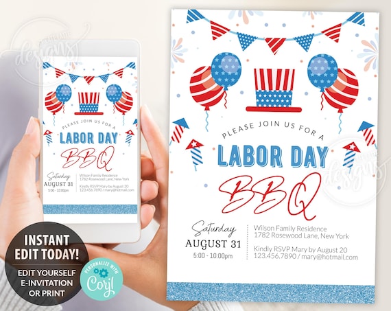 Labor Day Invitation Editable Template | Printable Labor Day BBQ Invitation | USA Pool Party Labor Day E-Invite Digital
