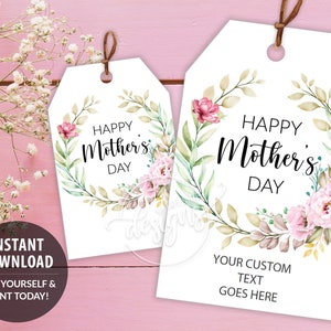Muttertag Geschenkanhänger, druckbare bearbeitbare personalisierte Muttertag Geschenkanhänger Vorlage mit rosa Blumenkranz, sofortiger Download Etiketten Mama