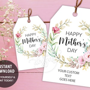 Mothers Day Gift Tags, Printable Editable Personalized Mothers Day Favor Tags Template with Pink Flower Wreath, Instant Download Labels Mom