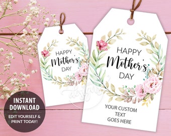 Étiquettes cadeaux fête des mères, modèle d'étiquettes cadeau fête des mères imprimables modifiables personnalisés avec couronne de fleurs roses, téléchargement immédiat étiquettes maman