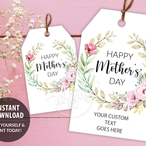 Geschenkanhänger zum Muttertag, druckbare, bearbeitbare, personalisierte Muttertags-Geschenkanhänger-Vorlage mit rosa Blumenkranz, Etiketten zum sofortigen Download für Mama