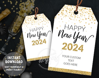NEW YEARS Printable Gift Tags, Editable Personalized Favor Tags Template 2024 Gold Glitter, Custom Party Labels, Instant Download Labels DIY