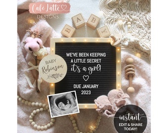 Editable Boho Girl Gender Reveal Social Media, Its a Girl Baby Announcement Letter Board Pregnancy Digital Template, Instagram Facebook DIY