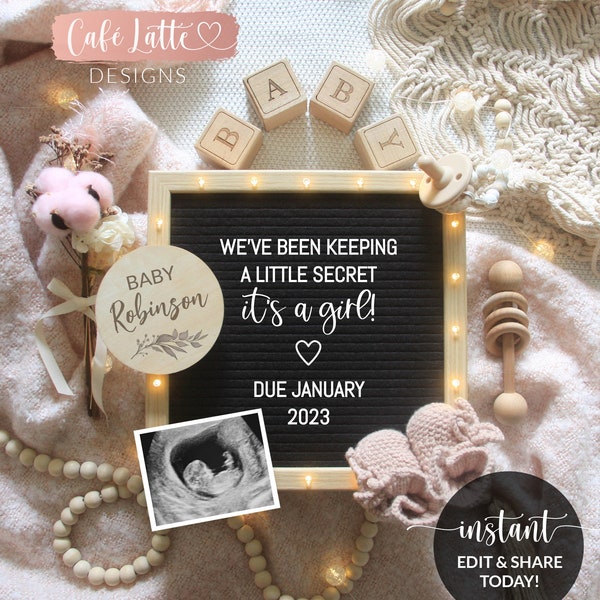 Editable Boho Girl Gender Reveal Social Media, Its a Girl Baby Announcement Letter Board Pregnancy Digital Template, Instagram Facebook DIY