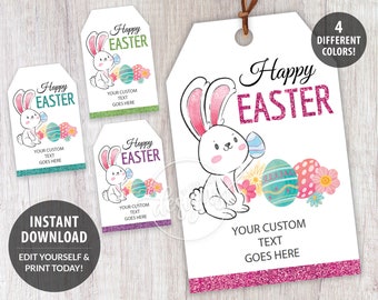 Happy Easter Printable Gift Tags, Editable Personalized Favor Tags Template with Easter Eggs and Bunny Rabbit, Instant Download Labels Kids