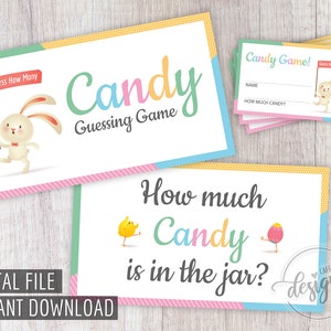 Pasen snoep raadspel, afdrukbare paasspellen, paasfeest printables, raad eens hoeveel snoep er in de pot zit, baby shower snoepspel, DIY