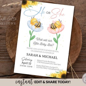 Bee Gender reveal invitation, Baby bees boy girl gender reveal invite editable template DIY, He or She, Boy or Girl, Pink or blue spring Summer baby bee reveal, printable invitation, email, gender reveal text message invite, Sunflowers gender reveal invitation
