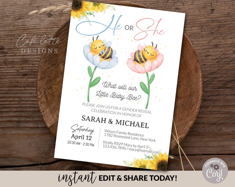 Bee Gender reveal invitation, Baby bees boy girl gender reveal invite editable template DIY, He or She, Boy or Girl, Pink or blue spring Summer baby bee reveal, printable invitation, email, gender reveal text message invite, Sunflowers gender reveal invitation