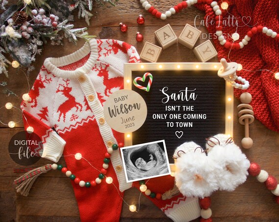 Digital Christmas Pregnancy Announcement Social Media, Santa Red And White Knit Reindeer Baby Reveal, One More Reason to be Merry, Winter Il_570xn