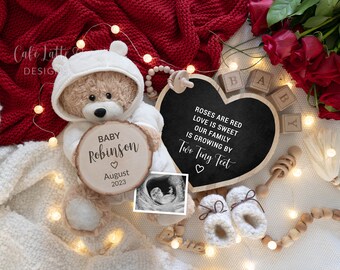 Valentines Digital Pregnancy Announcement For Social Media, Valentines Day Baby Announcement, Bear Heart and Red Roses, Adding More Love