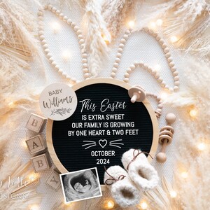 Anuncio de embarazo de Pascua en las redes sociales, Poema de Pascua Boho Digital Género Neutral Bebé, Tablero de cartas de bricolaje editable, Tablero de Pascua de orejas de conejo