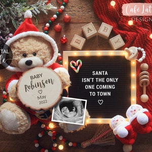 Anúncio digital de gravidez de Natal nas redes sociais, mais um motivo para ser feliz, quadro de cartas de dezembro do Papai Noel, revelação do bebê, pequeno presente para bebê