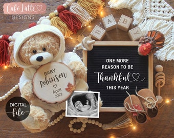 Thanksgiving Digital Pregnancy Announcement Social Media, One More Reason to be Thankful Baby Reveal, Instagram, Boho Autumn Letter Board
